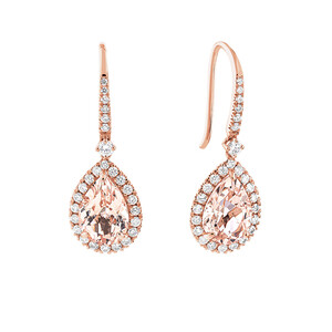 Boucles d'oreilles à halo en forme de poire en or rose 14 K avec morganite et diamants totalisant 0,39 ct