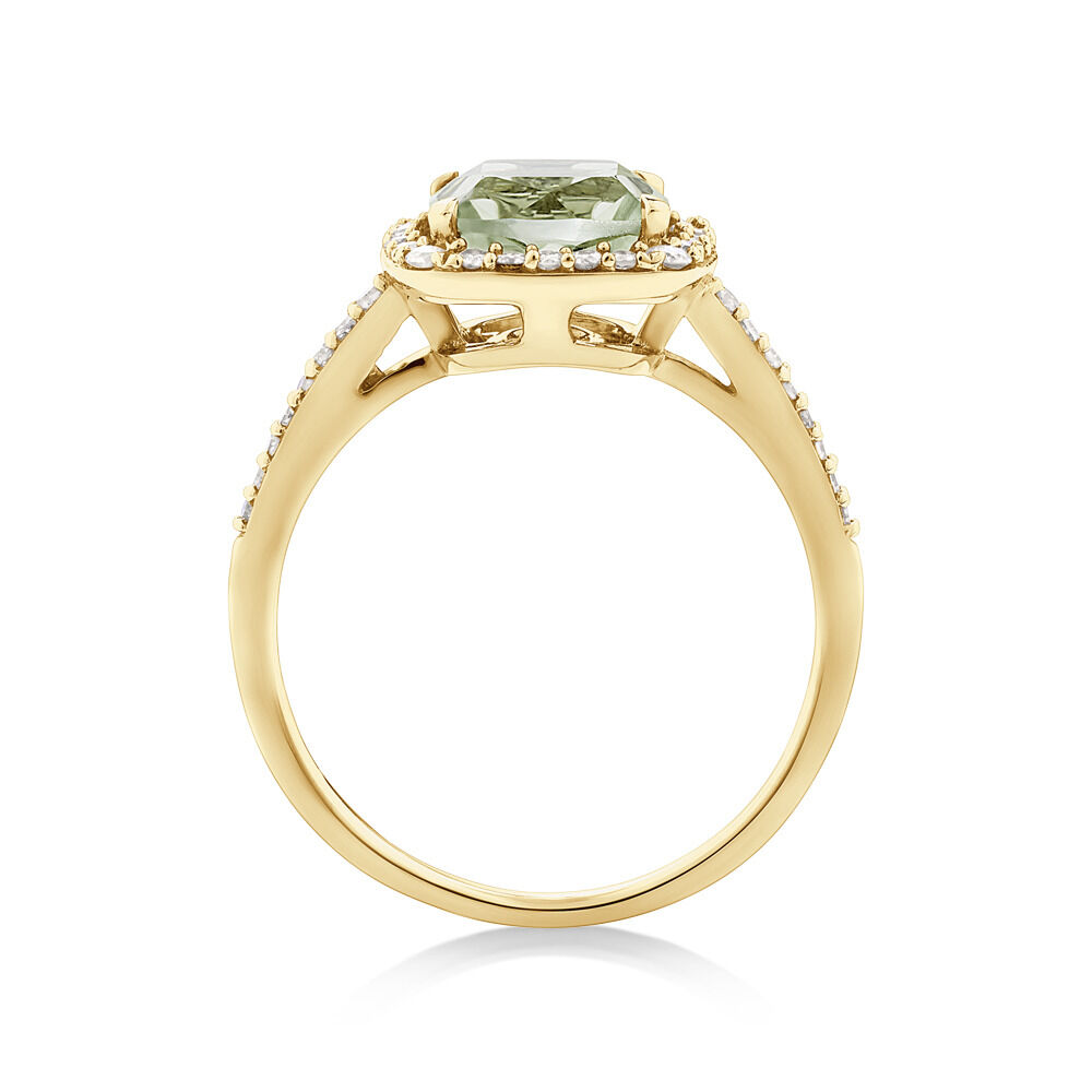 Halo Ring with Green Amethyst & 0.25 Carat TW of Diamonds in 10kt Yellow Gold