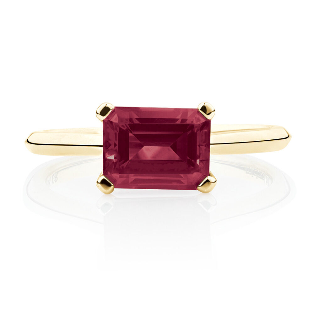 Emerald Cut Ring with Laboratory Created Ruby in 10kt Yellow Gold