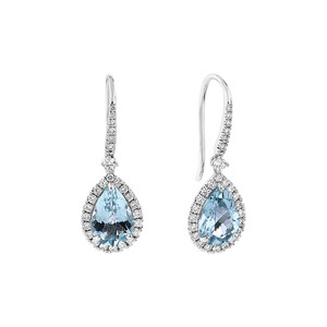 Halo Earrings with Aquamarine & 0.39 Carat TW of Diamonds in 14kt White Gold