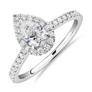 Halo Pear Engagement Ring with 0.92 Carat TW of Diamonds in 14kt White Gold