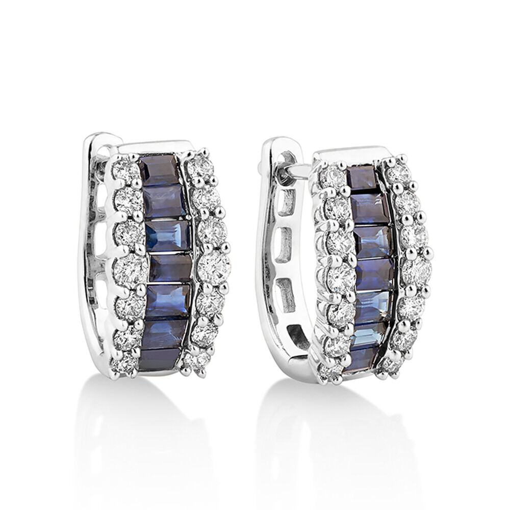 Huggie Earrings with Sapphire & 0.43 Carat TW of Diamonds In 10kt White Gold