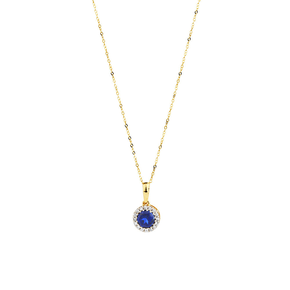 Halo Pendant with Laboratory Created Sapphire & Natural Diamonds in 10kt Yellow Gold