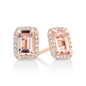Halo Stud Earrings with Morganite & 0.18 Carat TW of Diamonds in 10kt Rose Gold