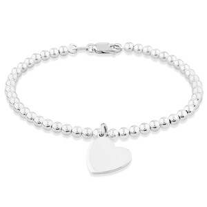 Bracelet en argent sterling avec perles et cœur gravable de 19 cm.