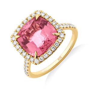 Halo Ring with Pink Tourmaline & 0.64 Carat TW of Diamonds in 14kt Yellow Gold