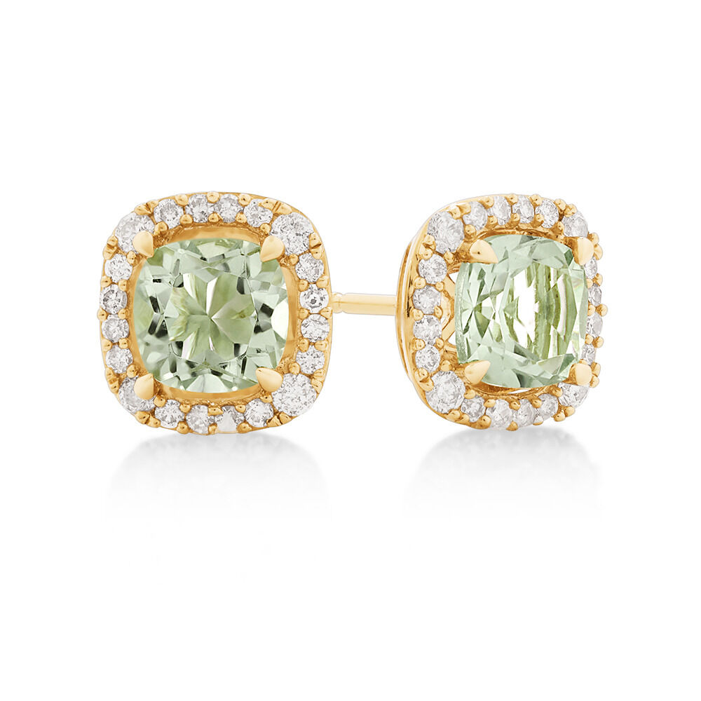 Halo Stud Earrings with Green Amethyst & 0.32 Carat TW of Diamonds in 10kt Yellow Gold