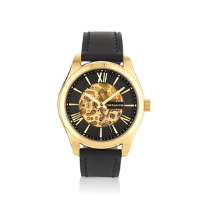 Michael Hill Automatic Skeleton Watch In Gold Tone Stainless Steel And Leather