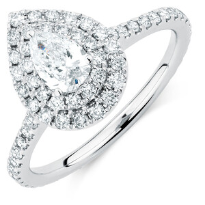 Bague de fiançailles Double Halo du designer Sir Michael Hill avec 1,20 carat TW de diamants en or blanc 14kt