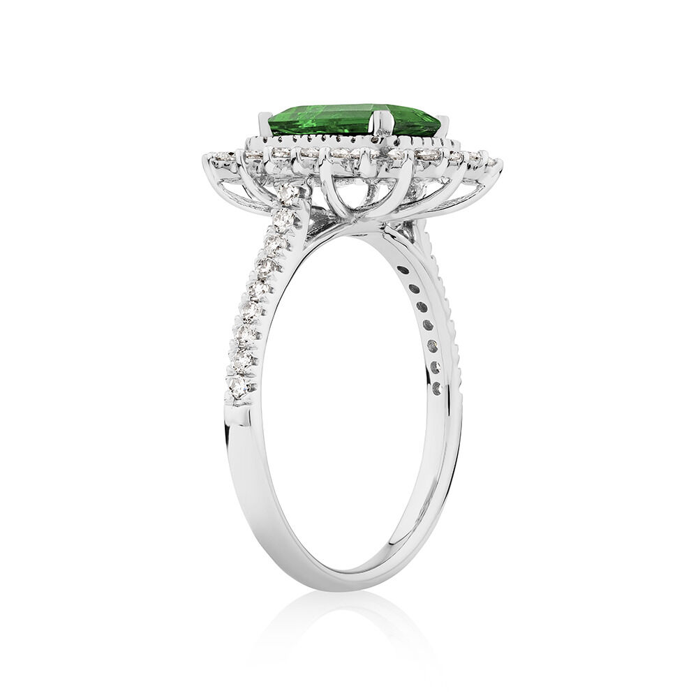 Green Tourmaline Lacy Halo Ring with .50TW of Diamonds in 10kt White Gold