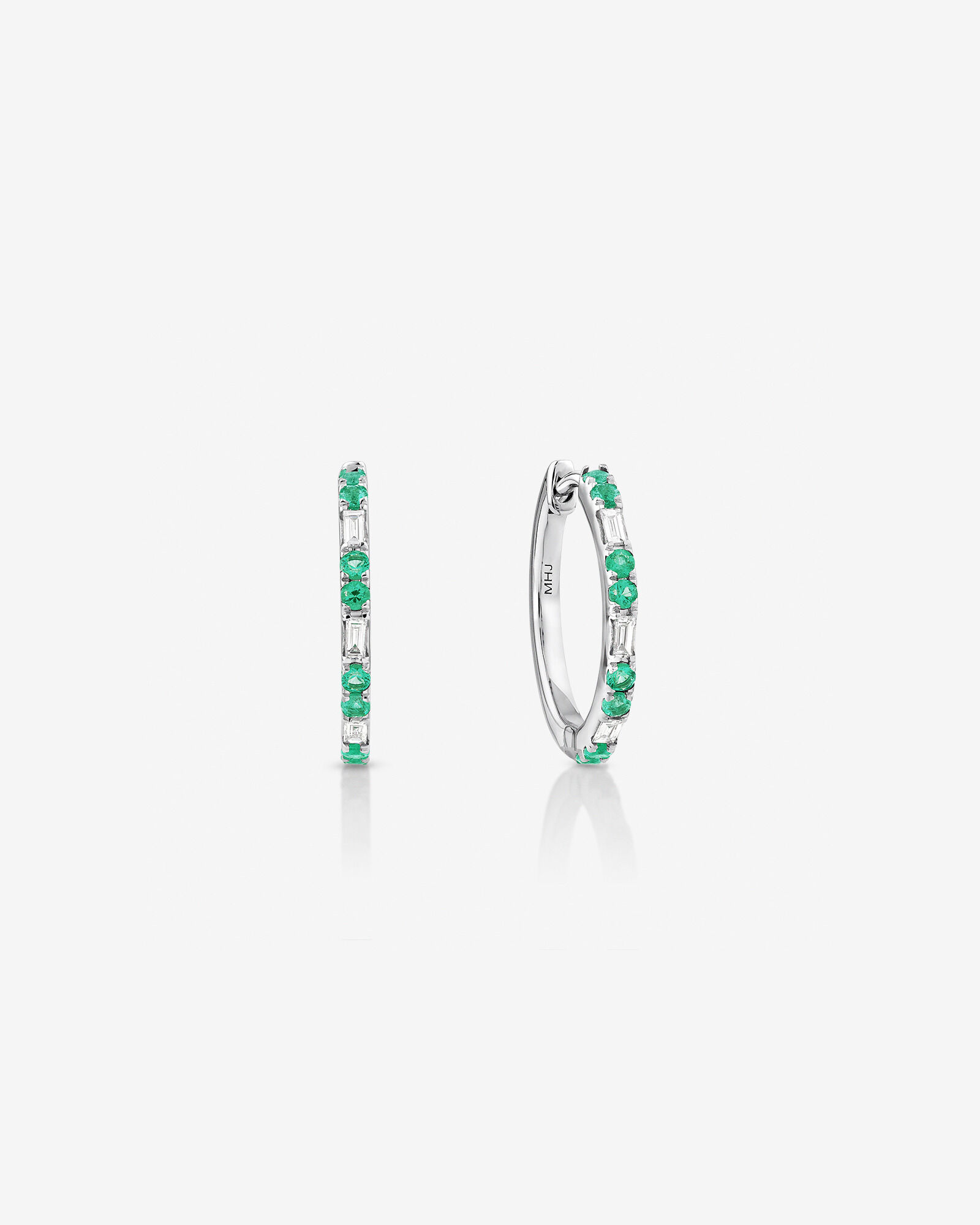 Emerald Diamond Dot Dash Hoop Earrings with 0.14 Carat TW in 10kt White Gold