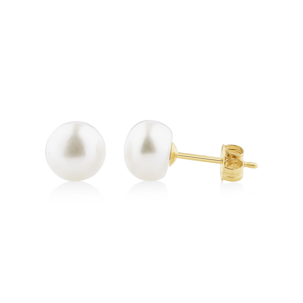 Boutons d'oreilles en or jaune 10 K avec perle d'eau douce de culture ronde de 7 mm