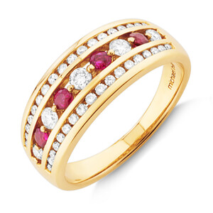3 Row Ring with Ruby & 0.50 Carat TW of Diamonds in 14kt of Yellow Gold