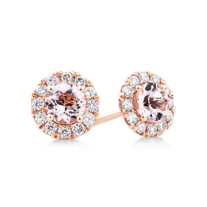 Halo Stud Earrings with Morganite & 0.28 Carat TW of Diamonds in 10kt Rose Gold