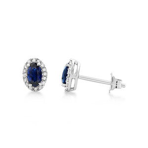 Halo Stud Earrings with Sapphire & 0.12 Carat TW of Diamonds in 10kt White Gold