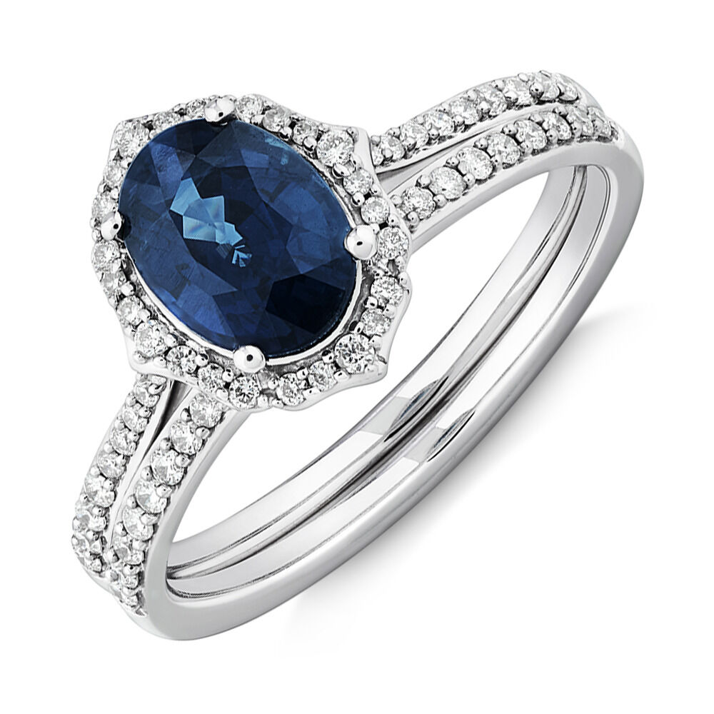 Bridal Set with Sapphire & 0.30 Carat TW of Diamonds in 14kt White Gold