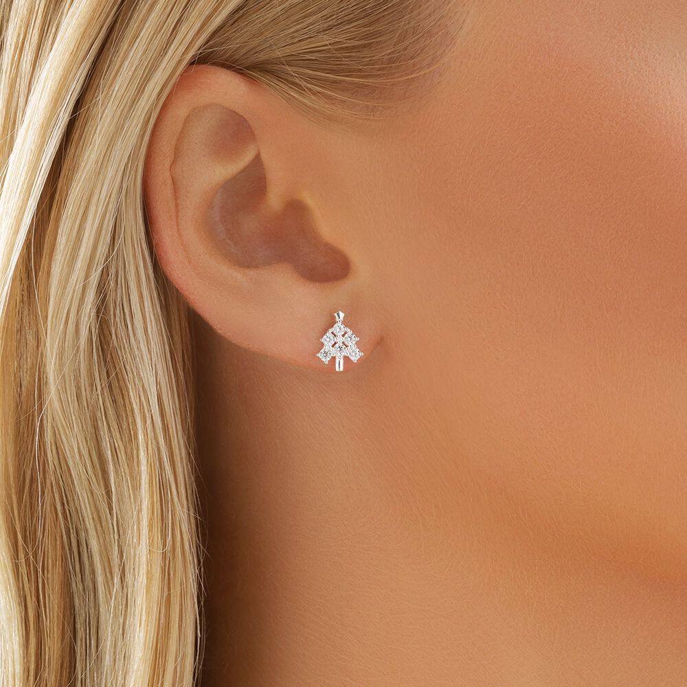 Christmas Tree Stud Earrings with Cubic Zirconia in Sterling Silver