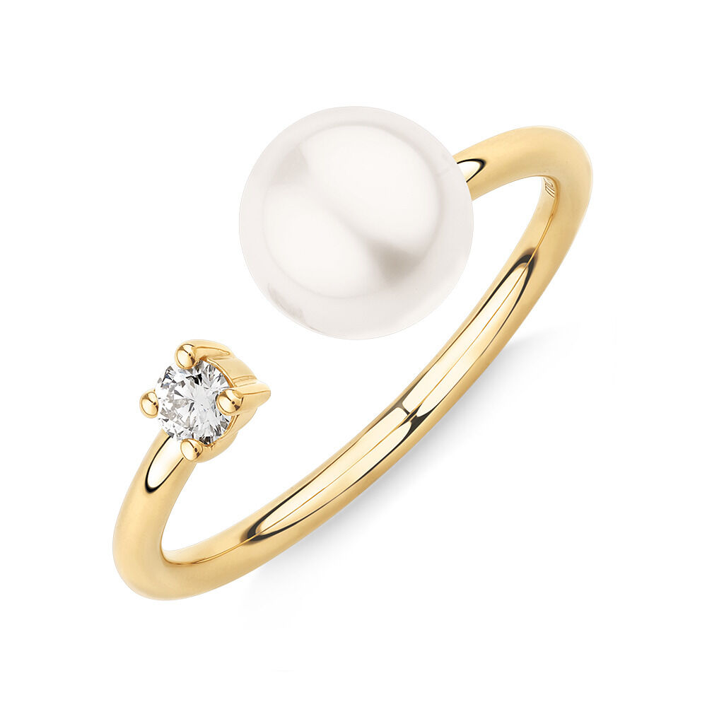 Cultured Freshwater Pearl and Diamond Open Ring in 10kt Yellow Gold