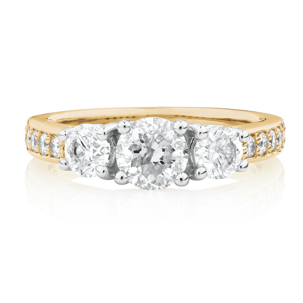 Three Stone Engagement Ring with 1 1/2 Carat TW of Diamonds in 14kt Yellow/White Gold