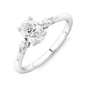 0.77 Carat TW Oval & Marquise Cut Three Stone Engagement Ring in 18kt White Gold