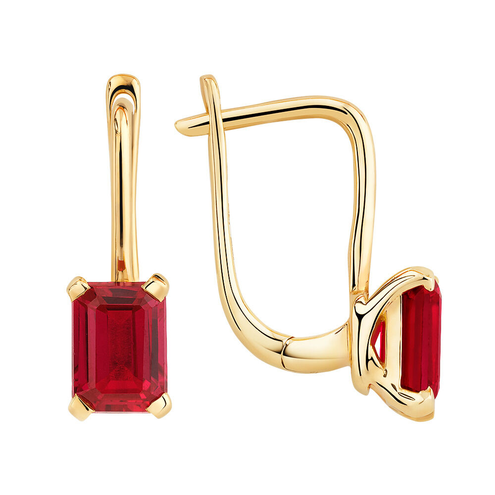 Emerald Cut Drop Earrings with Laboratory Created Ruby in 10kt Yellow Gold