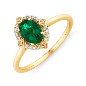 Halo Ring with Laboratory Created Emerald & Natural Diamonds in 10kt Yellow Gold