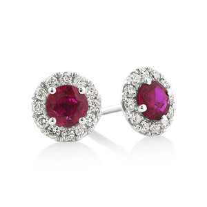 Halo Stud Earrings with Natural Ruby & 0.28 Carat TW of Diamonds in 10kt White Gold