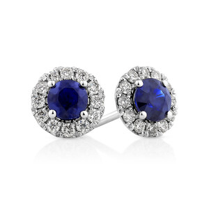 Halo Stud Earrings with Sapphire & 0.28 Carat TW of Diamonds in 10kt White Gold
