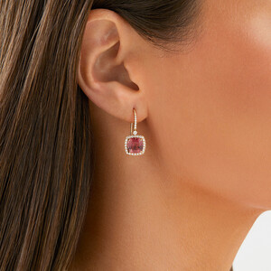 Halo Earrings with Pink Tourmaline & 0.44 Carat TW of Diamonds in 14kt Yellow Gold