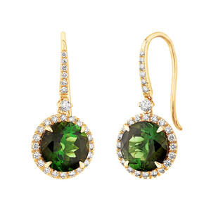 Halo Earrings with Green Tourmaline & 0.39 Carat TW of Diamonds in 14kt Yellow Gold