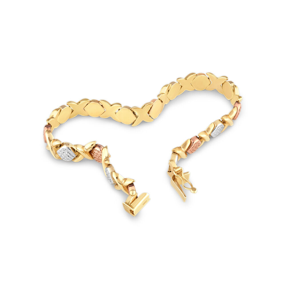 Bracelet en or jaune, blanc et rose 10 K de 19 cm, largeur de 8 à 8,5 mm