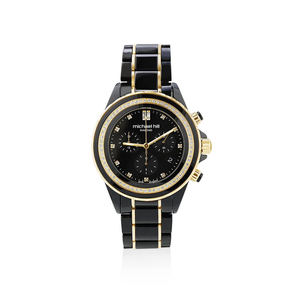 Montre chronographe en céramique noire et acier inoxydable doré avec diamants totalisant 0,50 ct.