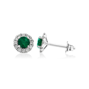 Halo Stud Earrings with Natural Emerald & 0.28 Carat TW of Diamonds in 10kt White Gold