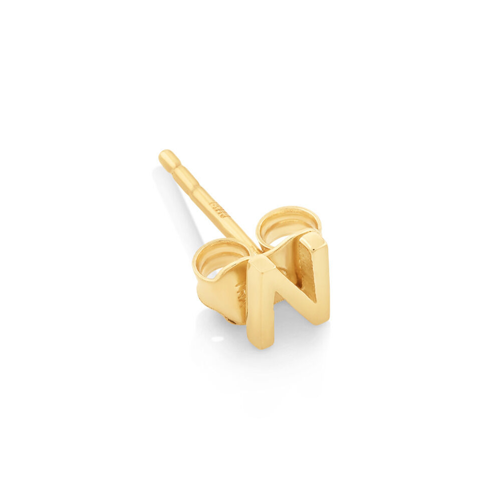 N Initial Single Stud Earring in 10kt Yellow Gold