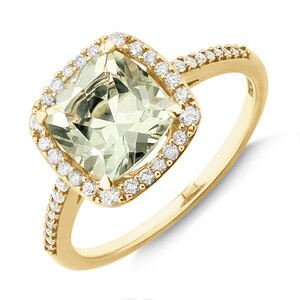 Bague en or jaune 10 K à améthyste verte avec halo de diamants totalisant 0,25 ct