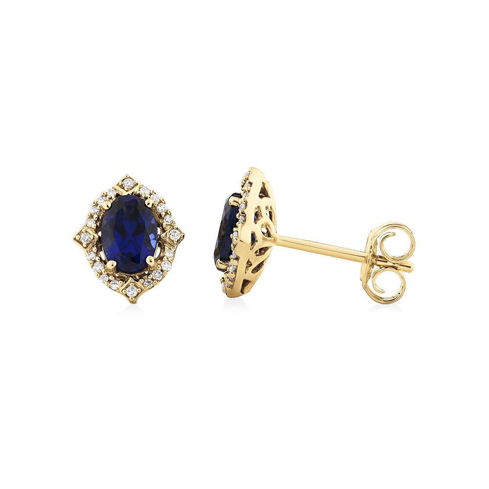 Earrings with Laboratory Created Sapphire & Natural Diamonds in 10kt Yellow Gold