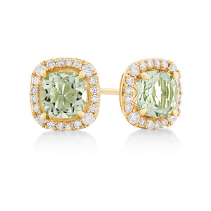 Boutons d’oreilles halo en or jaune 10 K avec améthyste verte et diamants totalisant 0,32 ct