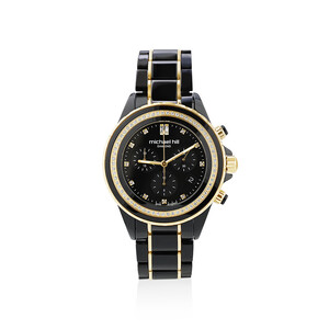 Montre chronographe en céramique noire et acier inoxydable doré avec diamants totalisant 0,50 ct.