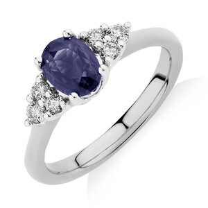 Ring With Blue Sapphire & Diamonds In 10kt White Gold