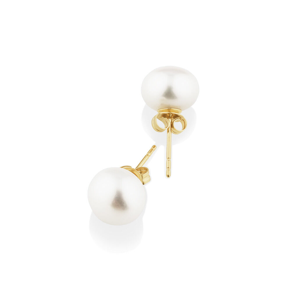 Boutons d'oreilles en or jaune 10 K avec perle d'eau douce de culture ronde de 9 mm
