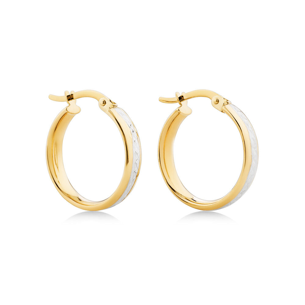 15mm Two-Tone Diamond Cut Hoop Earrings in 10kt Yellow Gold