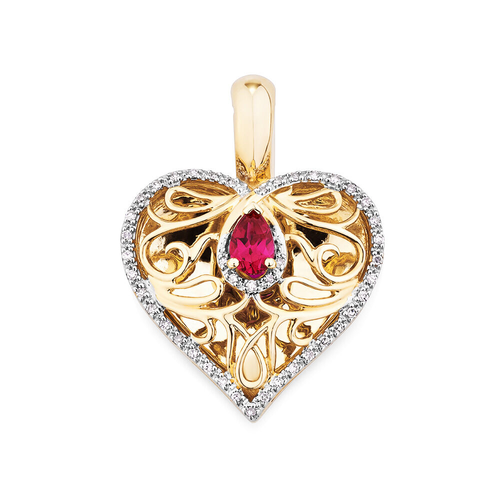 Heart Pendant with Laboratory Created Ruby & 0.15 Carat TW of Natural Diamonds in 10kt Yellow Gold