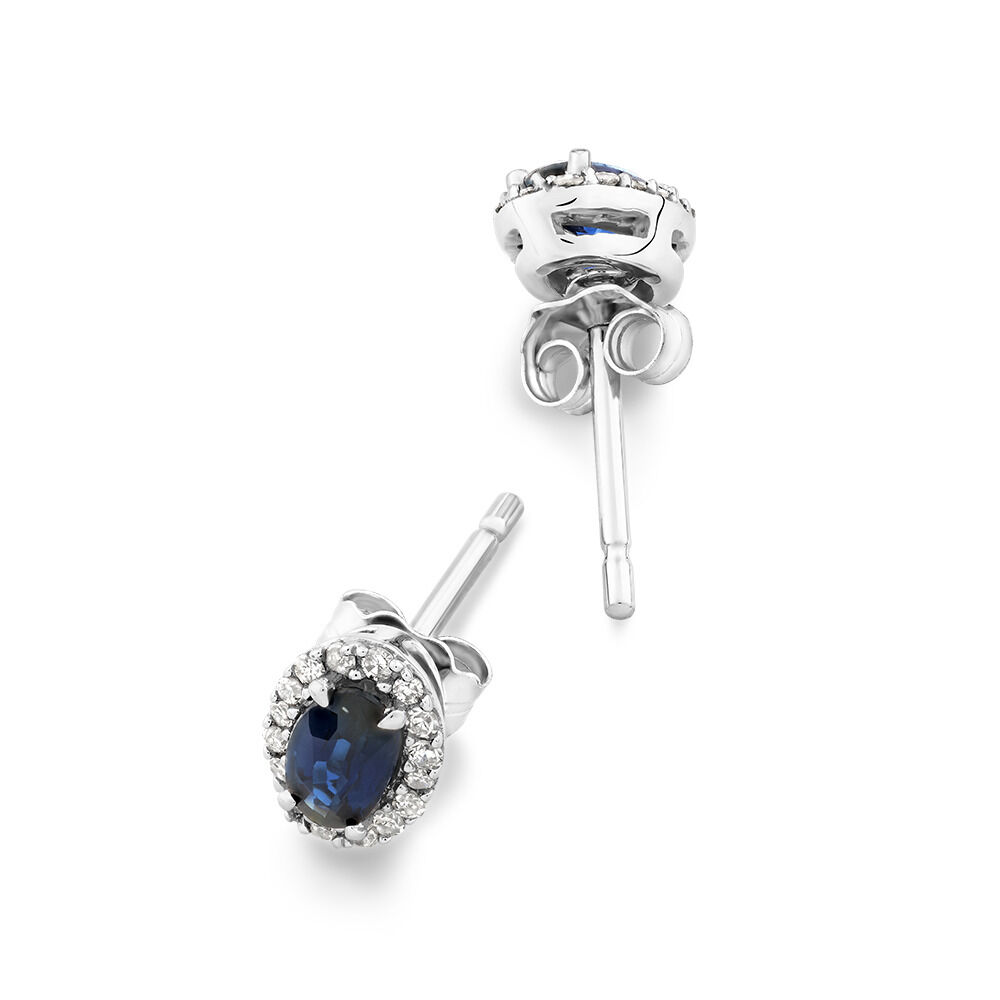 Halo Stud Earrings with Sapphire & 0.12 Carat TW of Diamonds in 10kt White Gold