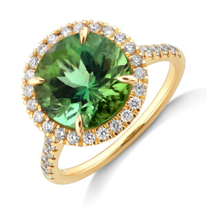 Halo Ring with Green Tourmaline & 0.62 Carat TW of Diamonds in 14kt Yellow Gold