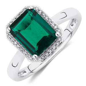 Ring with Created Emerald & Diamonds in 10kt White Gold
