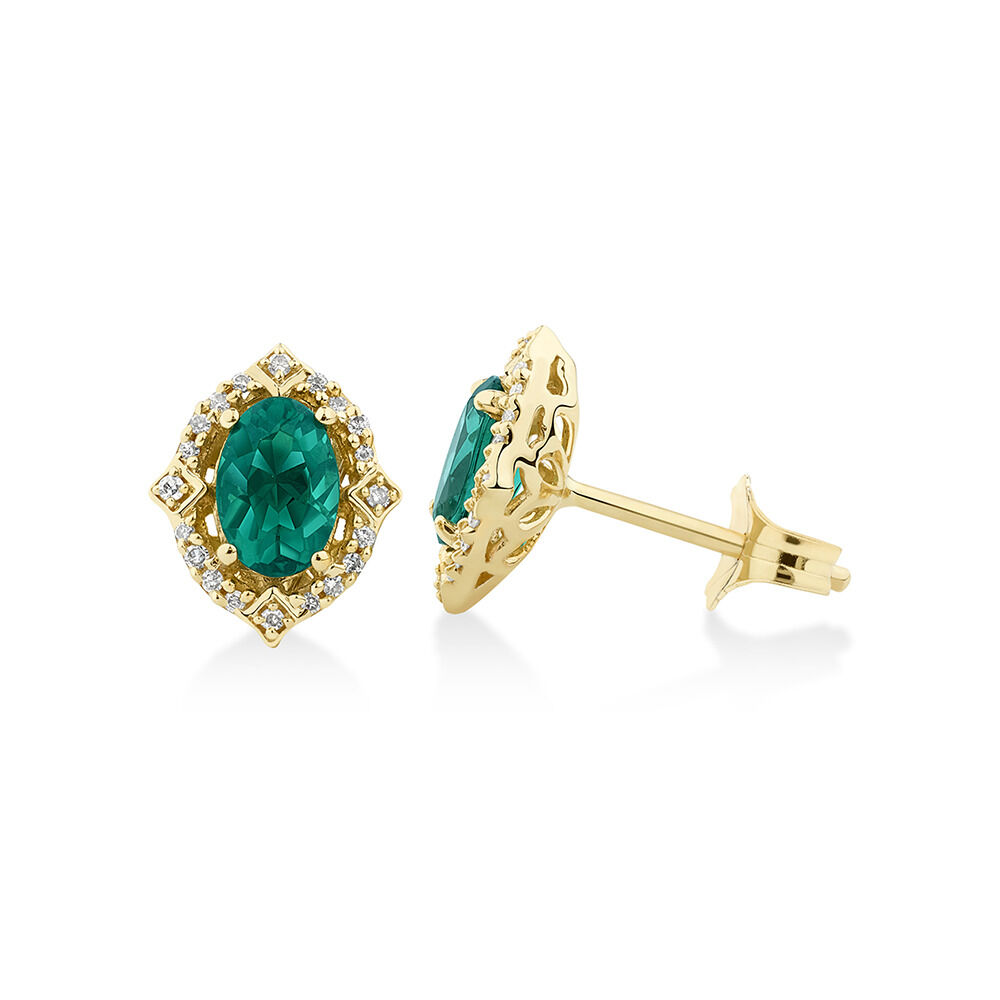 Halo Earrings with Laboratory Created Emerald & Natural Diamonds in 10kt Yellow Gold