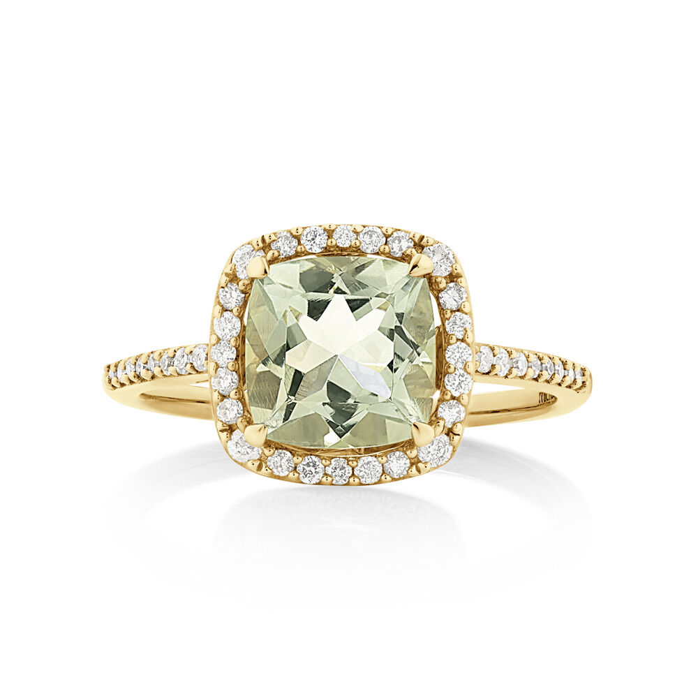 Halo Ring with Green Amethyst & 0.25 Carat TW of Diamonds in 10kt Yellow Gold