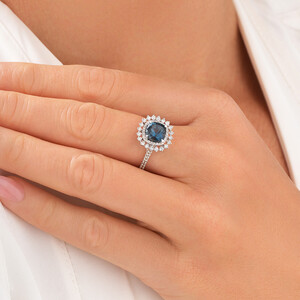 London Blue Topaz Lacy Halo Ring with .50TW of Diamonds in 10kt White Gold