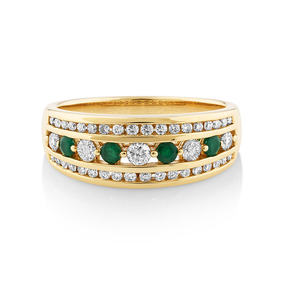 3 Row Ring with Emerald & 0.50 Carat TW of Diamonds in 14kt of Yellow Gold