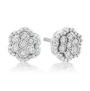 Cluster Flower Studs With 0.15 Carat TW Of Diamonds In Sterling Silver